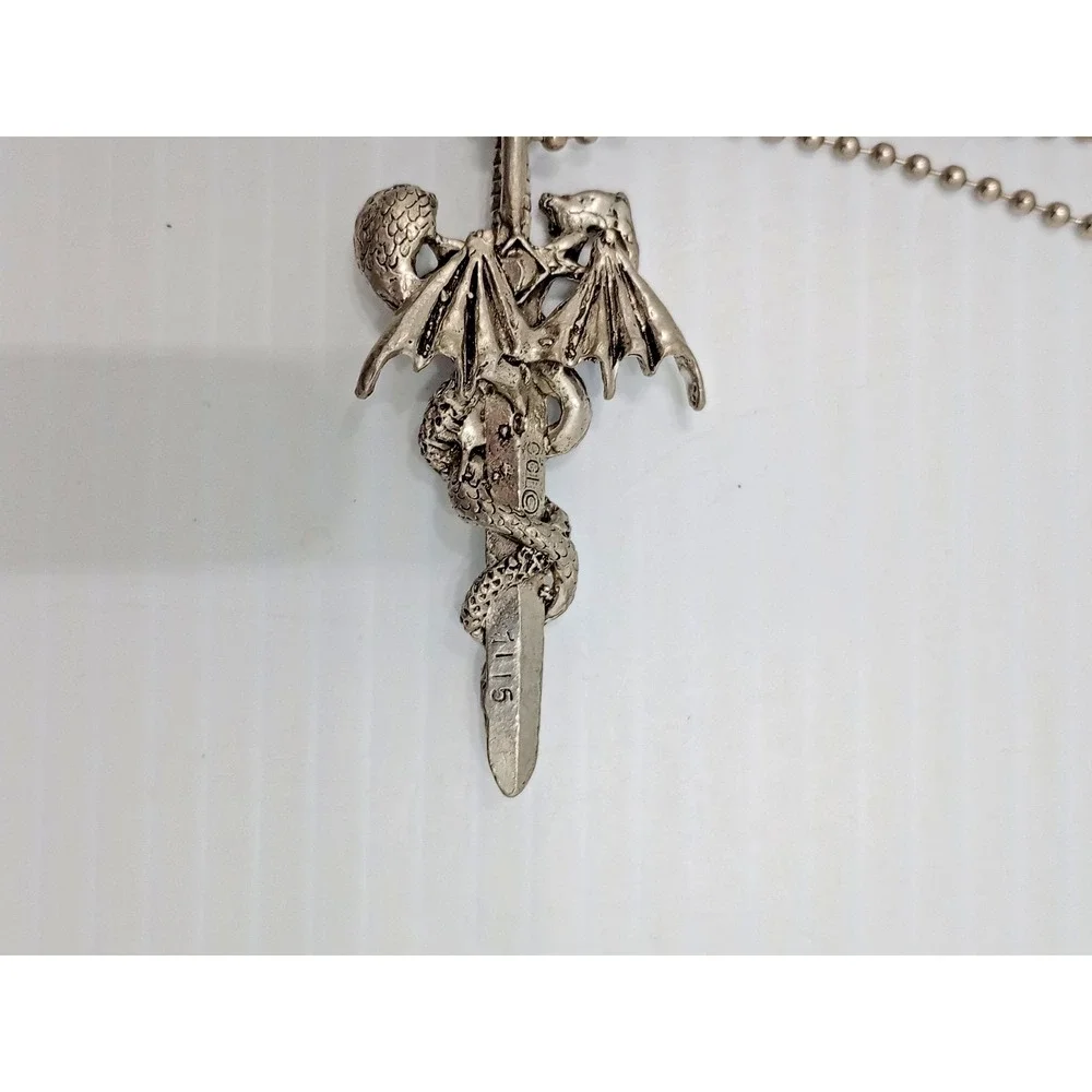 CCI Dragon Sword Pendant Necklace Gothic Fantasy Silver Tone 2 1/2 Inch
